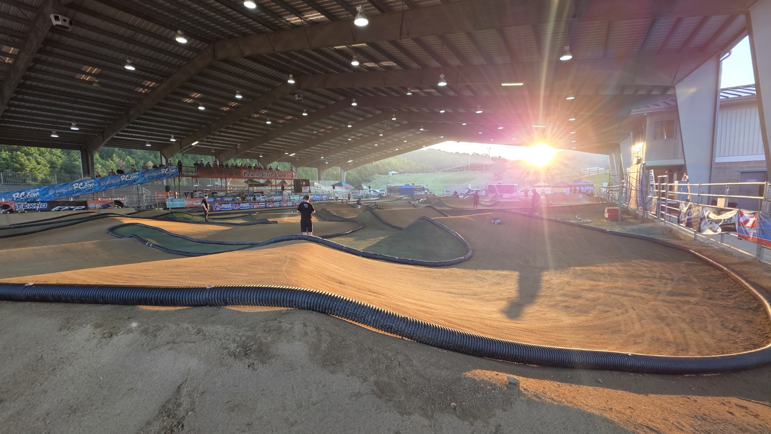 RC racing track at sunset