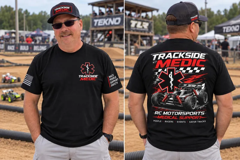 Front and back of Trackside Medic shirts beside the RC track